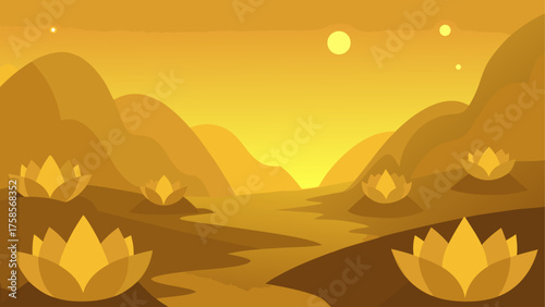 Serene golden landscape with lotus flowers and rolling hills at sunset