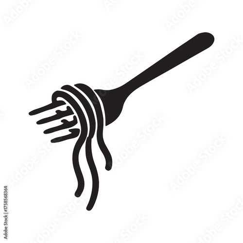 Black silhouette of a fork with spaghetti noodles twirled around its tines silhouette