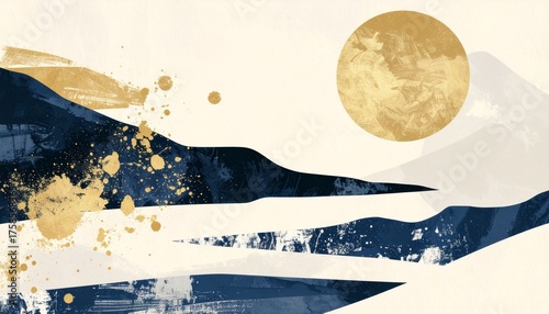 Wallpaper Mural Abstract Landscape with Gold Accents and Circular Sun Torontodigital.ca