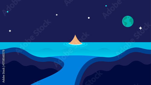 Stylized cosmic ocean landscape with a lone island under a starry sky