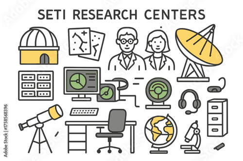 SETI Research Doodle. SETI research centers. Hand-drawn doodle illustration SETI research centers observatory dome (accented), scientists (accented), computer