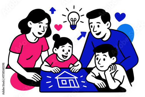 Creative Design Planning. Home design planning. A family gathered around a glowing blueprint, abstract arrows, hearts, and light bulbs floating above