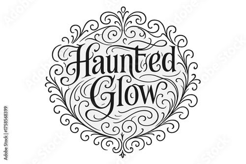 Haunted Flourish Lettering. Haunted Glow ? Flourish Lettering with ornate curls and swashes, circular composition framed by symmetrical flourishes, black