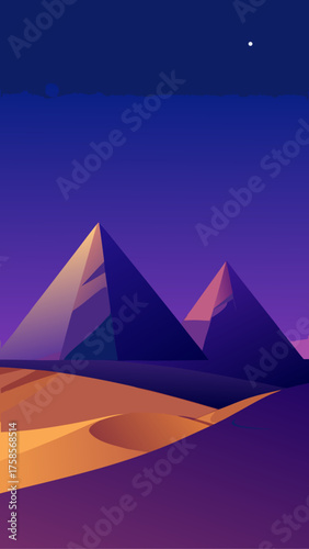 Stylized egyptian pyramids under a purple twilight sky