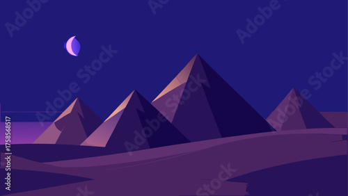 Mysterious egyptian pyramids under a crescent moon in a purple night sky