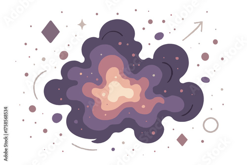 Cosmic Geometric Wonder. Nebula clouds. Glowing colorful nebula with abstract floating particles and geometric shapes emphasizing depth, energy, and cosmic