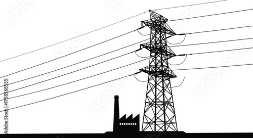 Silhouette illustration of high voltage transmission tower and power plant with electric lines, black and white vector design, industrial energy infrastructure concept