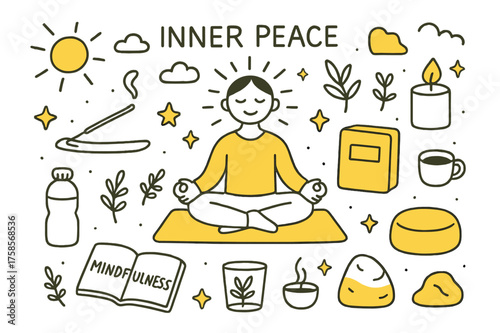 Inner Peace Doodle. Inner Peace. Hand-drawn doodle illustration inner peace person in lotus pose (accented), yoga mat, incense, candle (accented), journal,