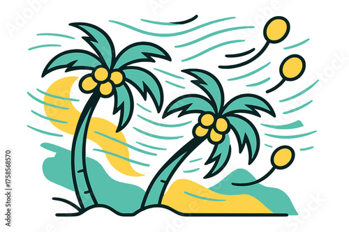 Windy Coconut Dance. Coconut palms in the wind. Palms bending gracefully, coconuts drifting upward like balloons, abstract breeze lines sweeping across the