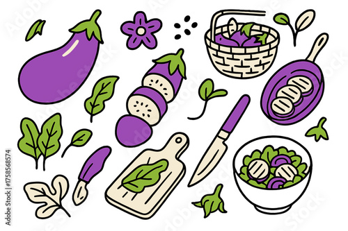 Colorful Eggplant Doodles. Eggplant. Hand-drawn doodle illustration eggplant whole eggplant (accented), sliced eggplant (accented), eggplant flower (accented),