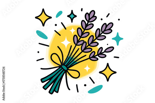Lavender Stars Relaxation. Calming herbs. A glowing bundle of lavender tied with string, abstract floating stars and sparkles symbolizing peace and relaxation.