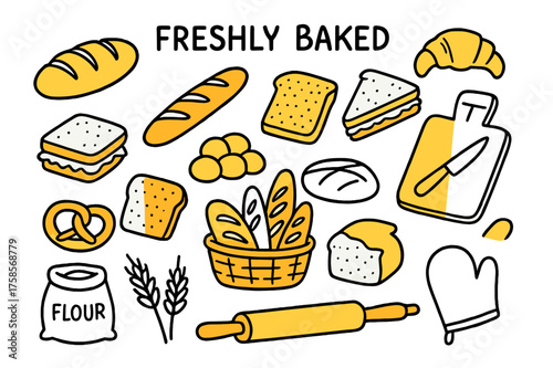 Bakery Delights Doodle. Freshly Baked. Hand-drawn doodle illustration freshly baked bread loaf (accented), baguette, croissant, slice of bread (accented),