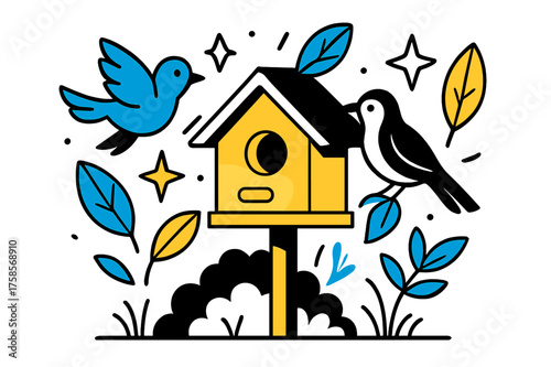 Glowing Birdhouse Garden Design. Outdoor setup. A glowing birdhouse mounted on a wooden pole in a garden, abstract floating leaves, birds, and stars showing