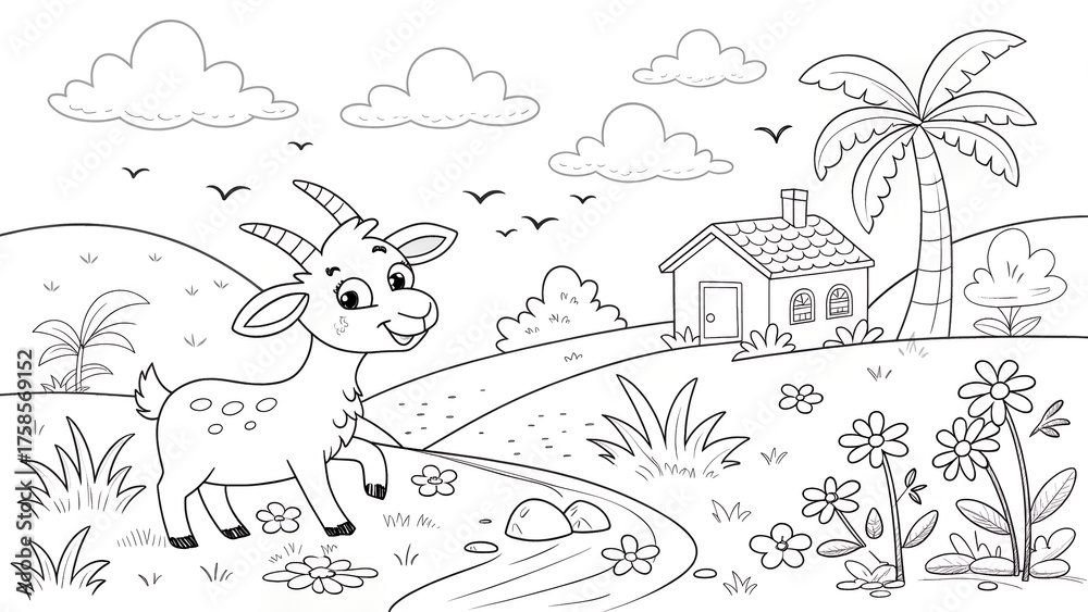 Fototapeta premium Goat Coloring Page for Kids with House, Palm Tree, Stream, and Flying Birds