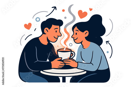 Glowing Coffee Chat. Intimate chat. Glowing couple sharing a coffee on a small table, abstract floating steam lines and hearts orbiting around, soft light