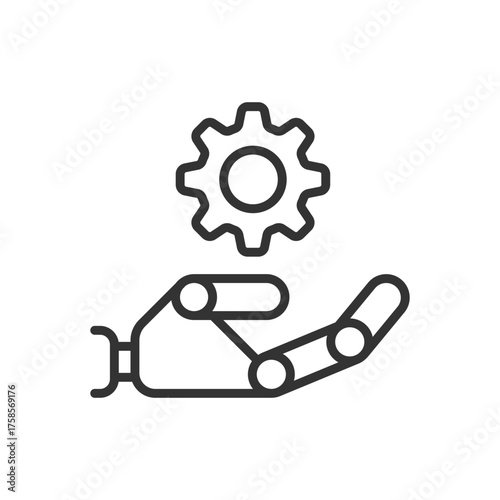 robot hand holding gear wheel clip art icon symbol, artificial intelligence industry, gear wheel of data concept, isolated thin line vector illustration