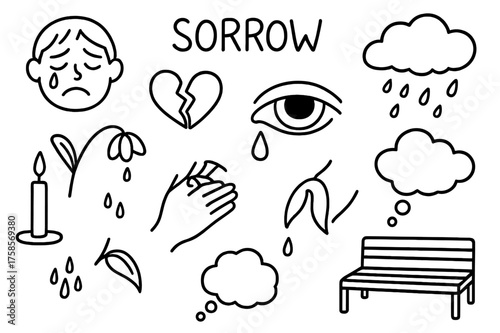 Sorrowful Doodle Icons. Sorrow. Hand-drawn doodle illustration sorrow crying face, teardrop, broken heart, rain cloud, wilted flower, sad eye, hand on chest,