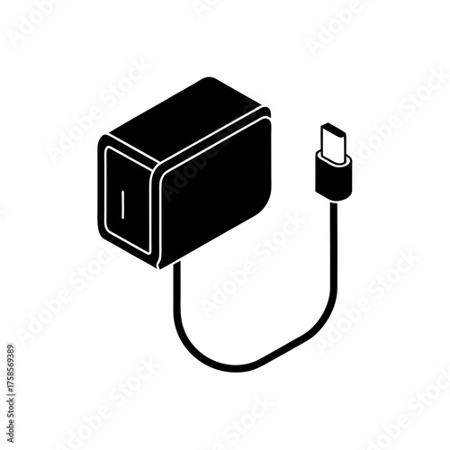 Black charger with usb c connector on transparent background silhouette