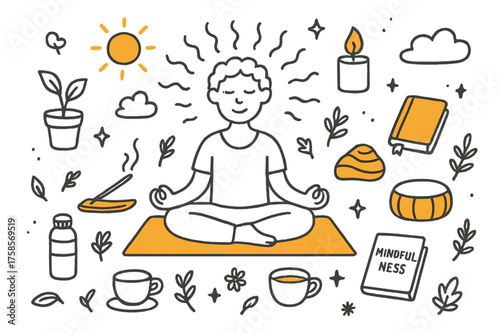 Yoga Meditation Doodle. Yoga Meditation. Hand-drawn doodle illustration yoga meditation person in lotus pose (accented), yoga mat, incense, candle (accented),