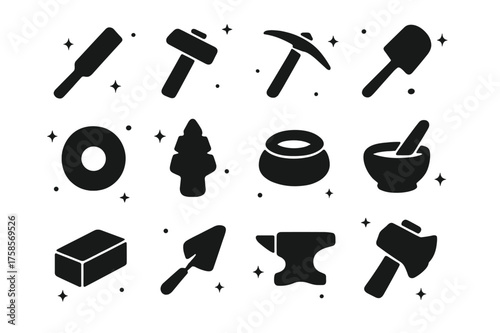 Rock Tools Icons. Rock Tools. Solid icons set of Rock Tools: chisel, hammer, pickaxe, shovel, stone wheel, flint arrowhead, grinding stone, mortar and pestle,