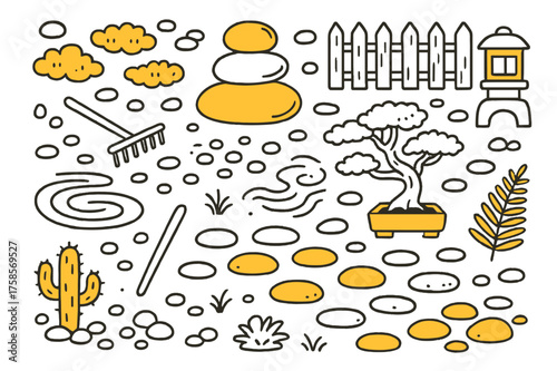 Zen Garden Doodles. Rock garden. Hand-drawn doodle illustration rock garden stacked stones (accented), pebbles, sand ripples (accented), moss patches