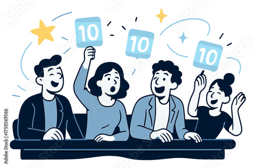 Animated Judges' Reactions. Judges? reactions. Panel of judges with glowing score cards, animated expressions, stars floating above in approval or excitement.