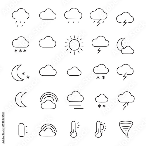 Collection of weather icons in a simple black and white silhouette style