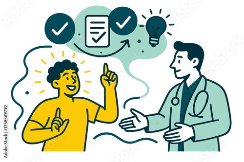 Empowered Patient Decision. Patient empowerment. A patient glowing while making a healthcare decision, abstract floating icons of choice, consent,