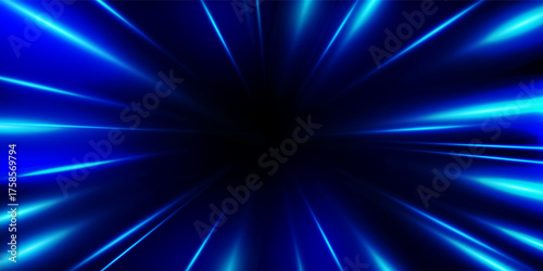 Warp tunnel blue light rays of speed motion directed towards the center, Futuristic neon stripes effect of dynamic acceleration of motion, Light illusion.