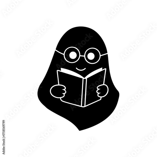 Ghost reading book wearing glasses on transparent background silhouette
