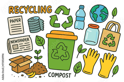 Colorful Recycling Doodles. Recycling. Colorful Hand-drawn doodle Children illustration Recycling arrows, bin, paper, plastic bottle, glass jar, tin can,