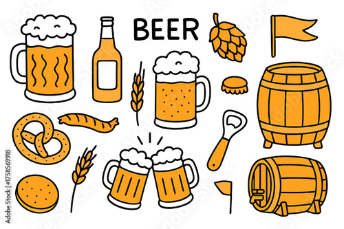 Beer Doodle Icons. Beer. Hand-drawn doodle illustration beer beer mug (accented), beer bottle, hops (accented), barley, foamy pint (accented), pretzel,