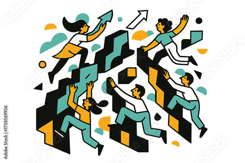 Surreal Ascent. Abstract climb. A surreal composition of floating geometric cliffs, characters climbing in impossible directions. Floating arrows and shapes