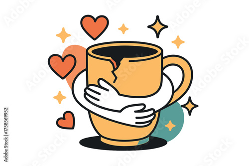 Beloved Chipped Mug. Beloved chipped mug. A glowing mug with small imperfections embraced with warmth, abstract floating hearts and stars showing love and