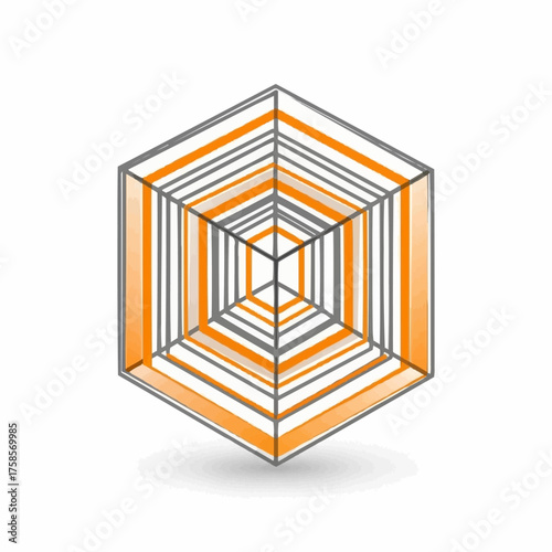 Abstract Hexagon Tunnel Illusion - Geometric Design with Orange and Gray Lines.