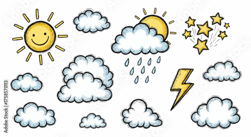 Cute hand drawn weather forecast icons collection.