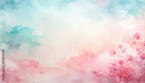 Soft watercolor background with blooming pink flowers and a gentle gradient of blue and pink clouds