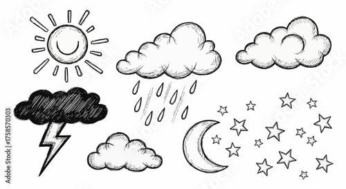 Collection of Hand Drawn Weather Icons and Celestial Symbols.