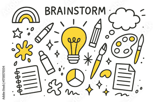 Creative Mind Explosion. Brainstorm Burst. Hand-drawn doodle illustration brainstorm burst light bulb (accented), rainbow, paint palette (accented), pencil,