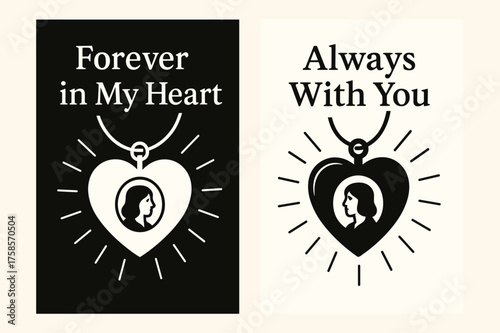 Heartfelt Locket Banners. Forever in My Heart. Two vertical A6 banners, flat vector design, black and white backgrounds, heart-shaped locket with tiny portrait