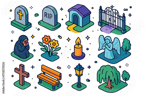 Colorful Graveyard Icons. Graveyard. Colorful isometric vector icons set of graveyard: tombstones, mausoleum, cemetery path, iron gate, mourning person,