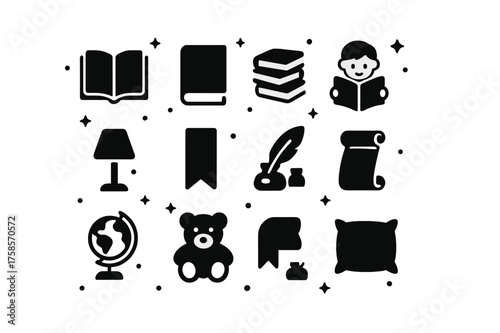 Storytime and Books Icons. storytime and books. Solid icons set of storytime and books: open book, closed book, book stack, reading child, lamp, bookmark,