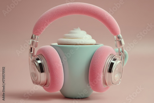 Coffee mug with whipped cream wearing headphones on pastel background