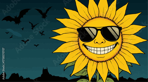 Smiling sunflower with sunglasses and birds in the sky