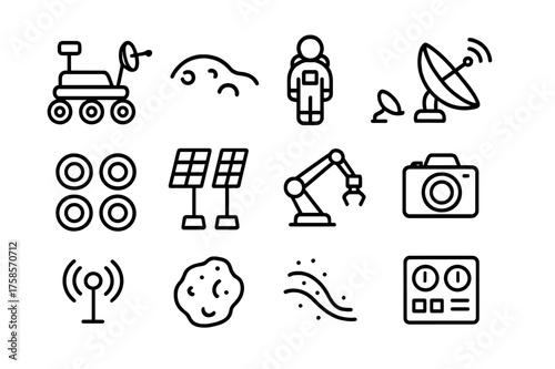 Lunar Rover Icons. Lunar rover. Line icon set of Lunar rover: rover vehicle, lunar surface, astronaut, satellite dish, wheels, solar panels, robotic arm,