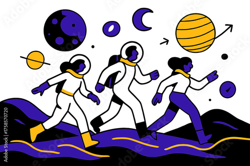 Futuristic Cosmic Exploration. Futuristic exploration. Characters in glowing suits walking on a distant planet with floating abstract planets, moons, and