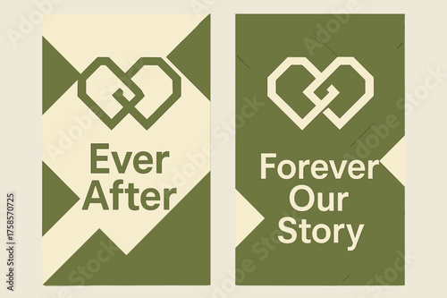 Geometric Infinity Banners. Ever After. Two vertical A6 banners, geometric, olive green and cream backgrounds, angular infinity heart and clean shapes, first