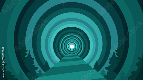 Abstract teal tunnel with forest silhouettes and bright light ahead