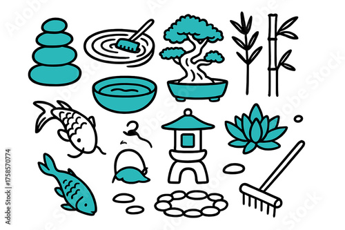 Nature Balance Art. Nature balance. Hand-drawn doodle illustration nature balance stacked rocks (accented), sand garden (accented), bonsai tree (accented),