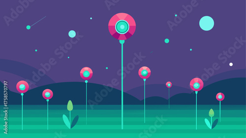 Whimsical alien flora with glowing flower heads under a starry purple sky